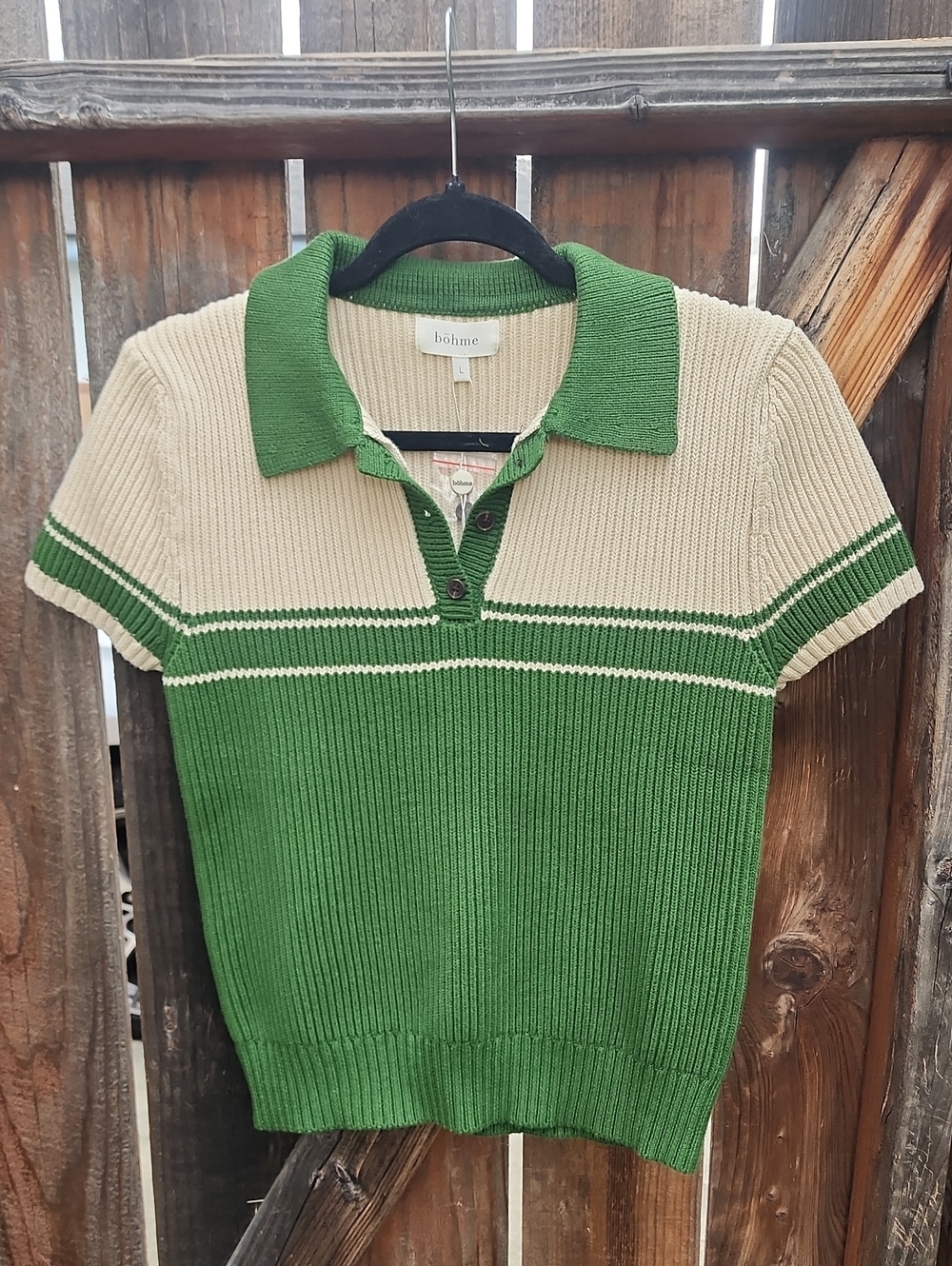 New Bohme Brea Collard Green & Tan Short Sleeve Sweater, NWT